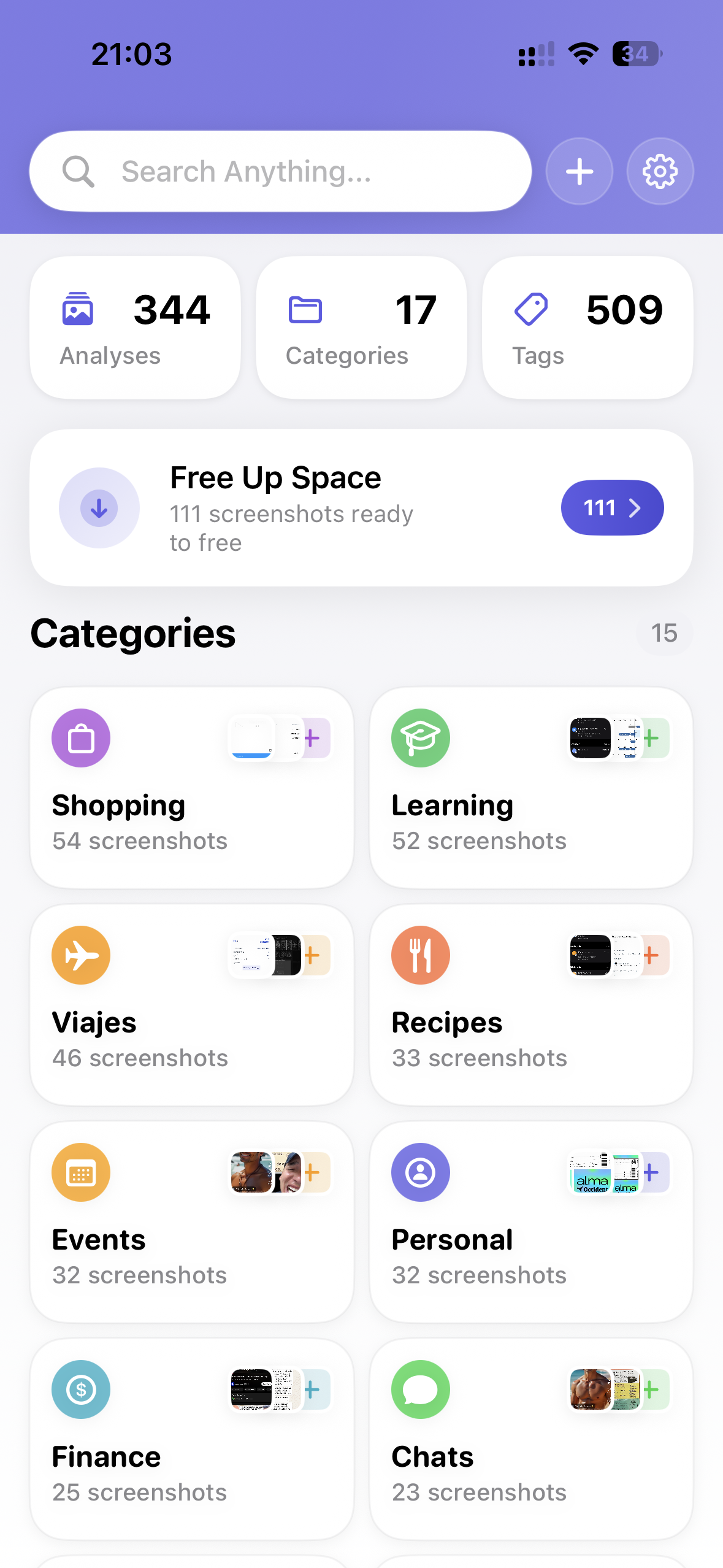 SuperShots AI App - Vista de categorías mostrando capturas organizadas